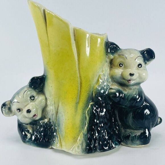 American Bisque Pottery Kitsch Black Bear Cubs Tree Stump Planter Vase VTG 1940s - Picture 1 of 14